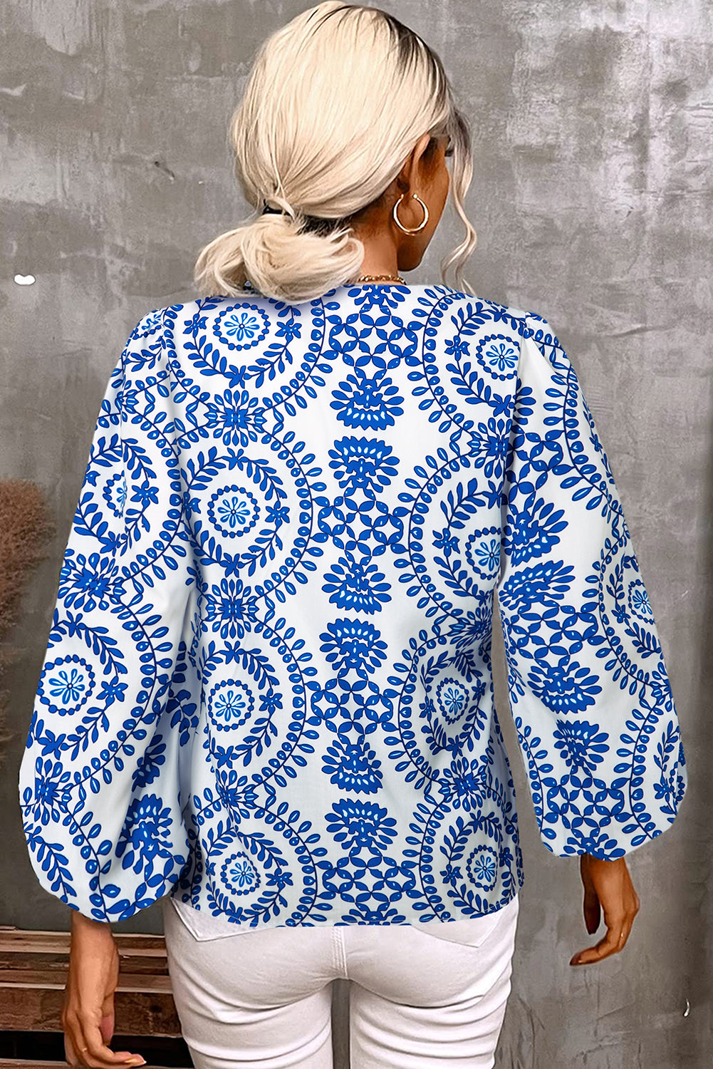Skyler Vintage Geometric Puff Sleeve V-Neck Top