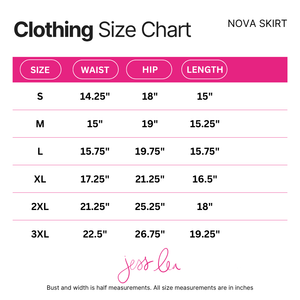 Size chart for Nova Skirt with measurements in inches