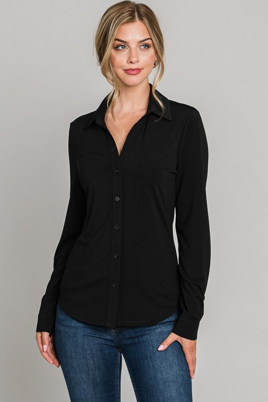 Essential Stretch Button-Up Blouse – Black