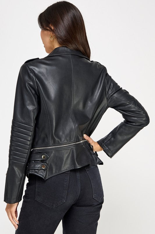 Person wearing a black leather jacket on a white background