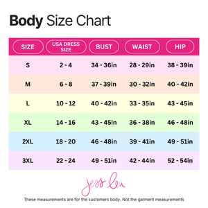 Body size chart with measurements for different sizes, branded by Jess Lin.