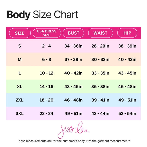 Body size chart with measurements for different sizes, branded by Jess Lin.