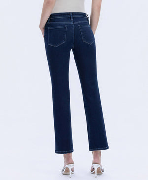 Close-up back view of dark wash straight-leg jeans highlighting the mid-rise fit, back pockets, and clean, structured silhouette.