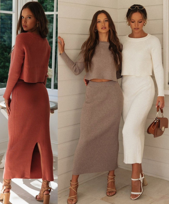 Three women wearing different knit outfits in a casual setting.