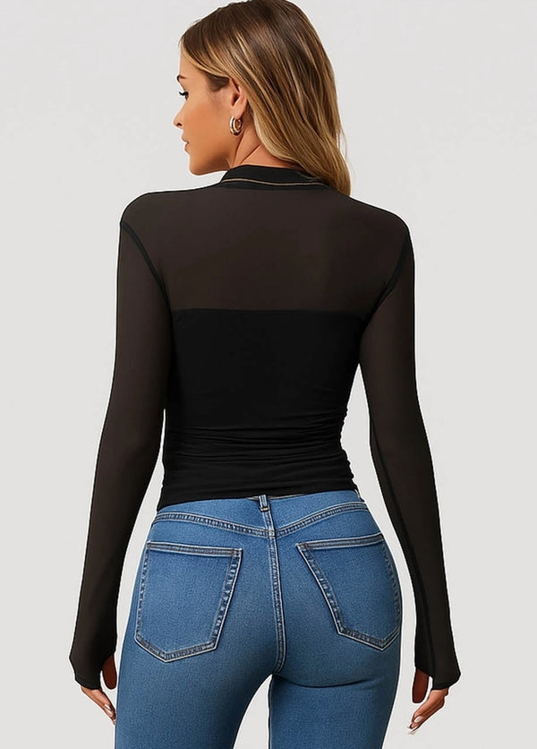 Sheer Silhouette Mesh Panel Long Sleeve Top