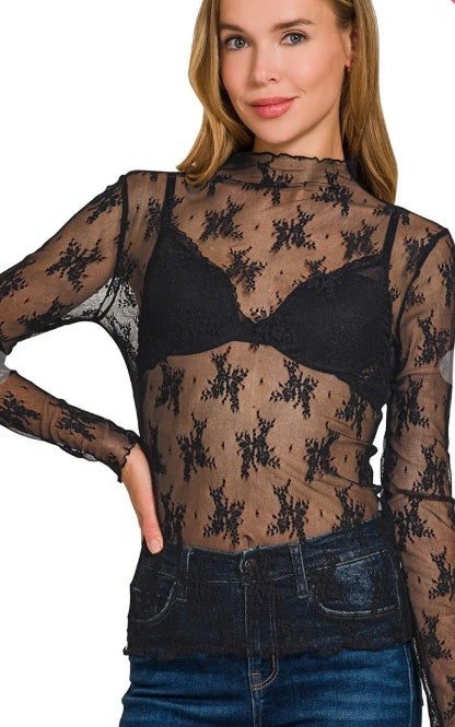 Nightfall Sheer Lace Mock-Neck Top by Zenana