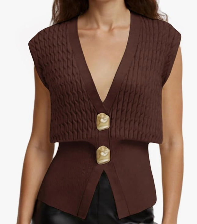 Brown knitted vest with gold buttons on a white background