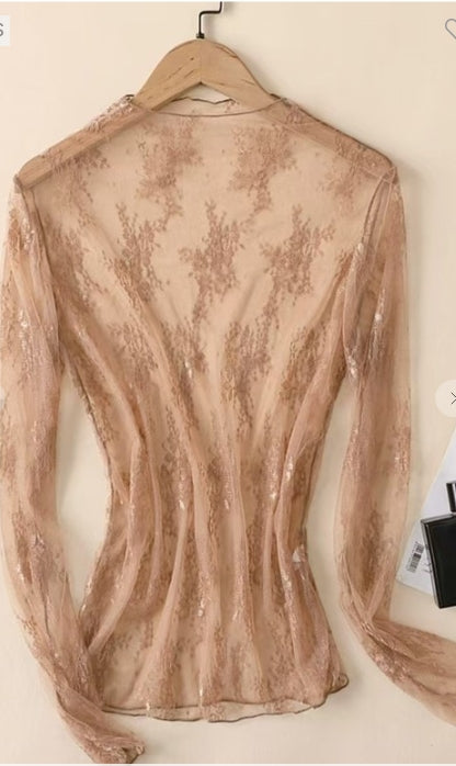 Sheer beige long-sleeve top on a hanger against a neutral background