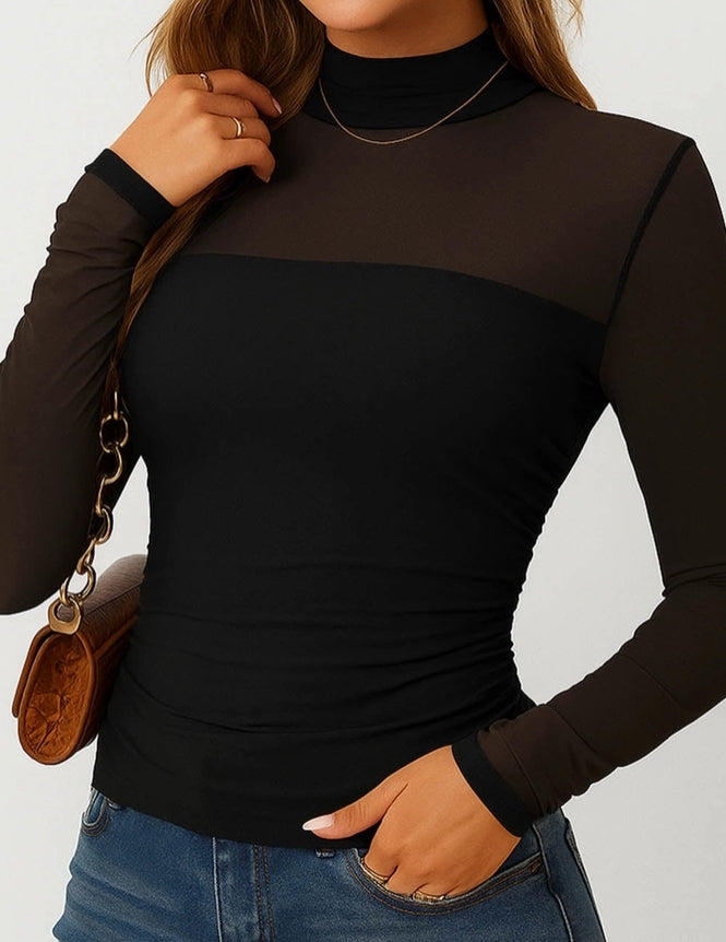 Sheer Silhouette Mesh Panel Long Sleeve Top