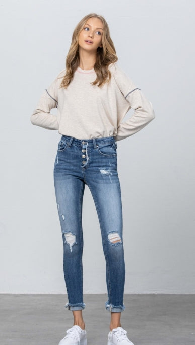 Skyline Mid-Rise Distressed Skinny Jeans