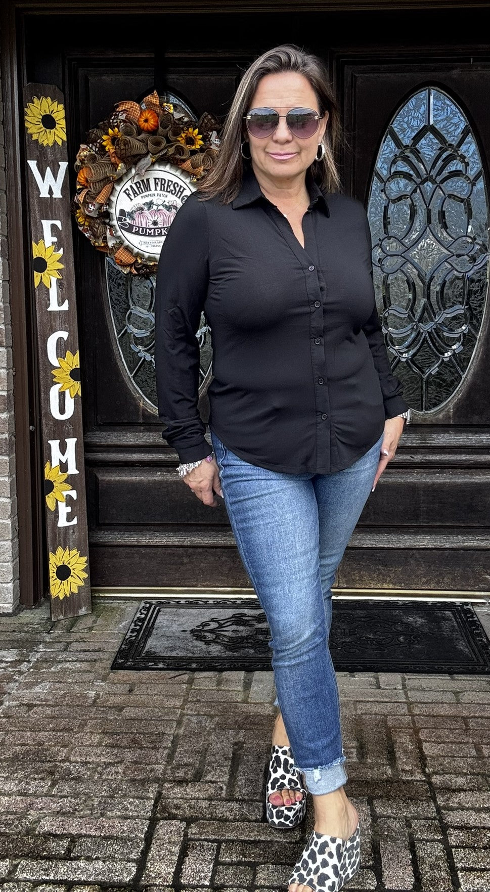 Essential Stretch Button-Up Blouse – Black