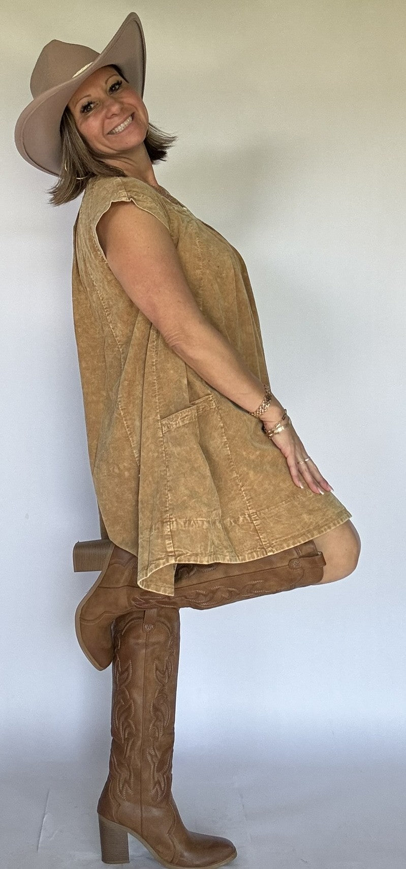 Rustic Charm Corduroy Dress – Camel