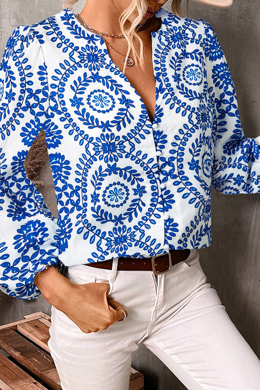 Skyler Vintage Geometric Puff Sleeve V-Neck Top