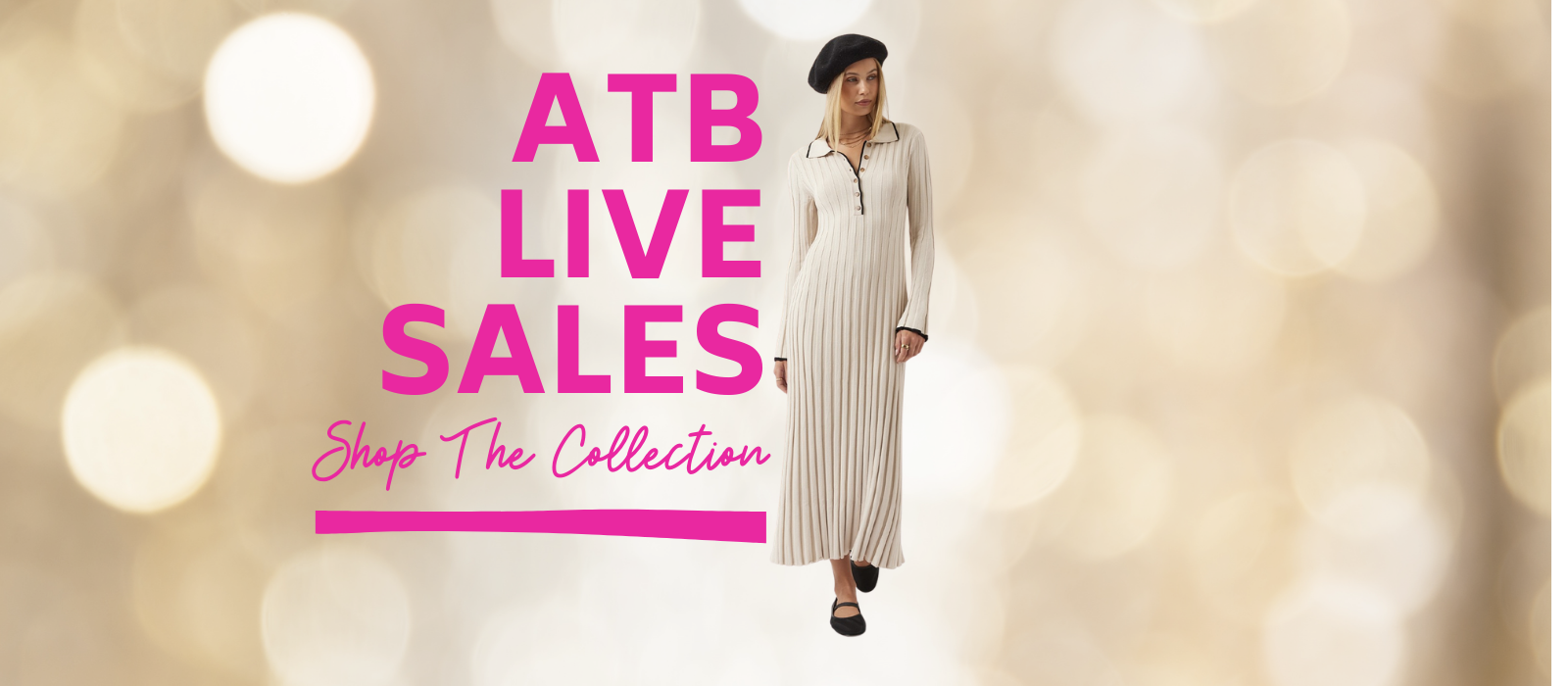 Woman in a long dress standing against a blurred background with 'ATB Live Sales' text.