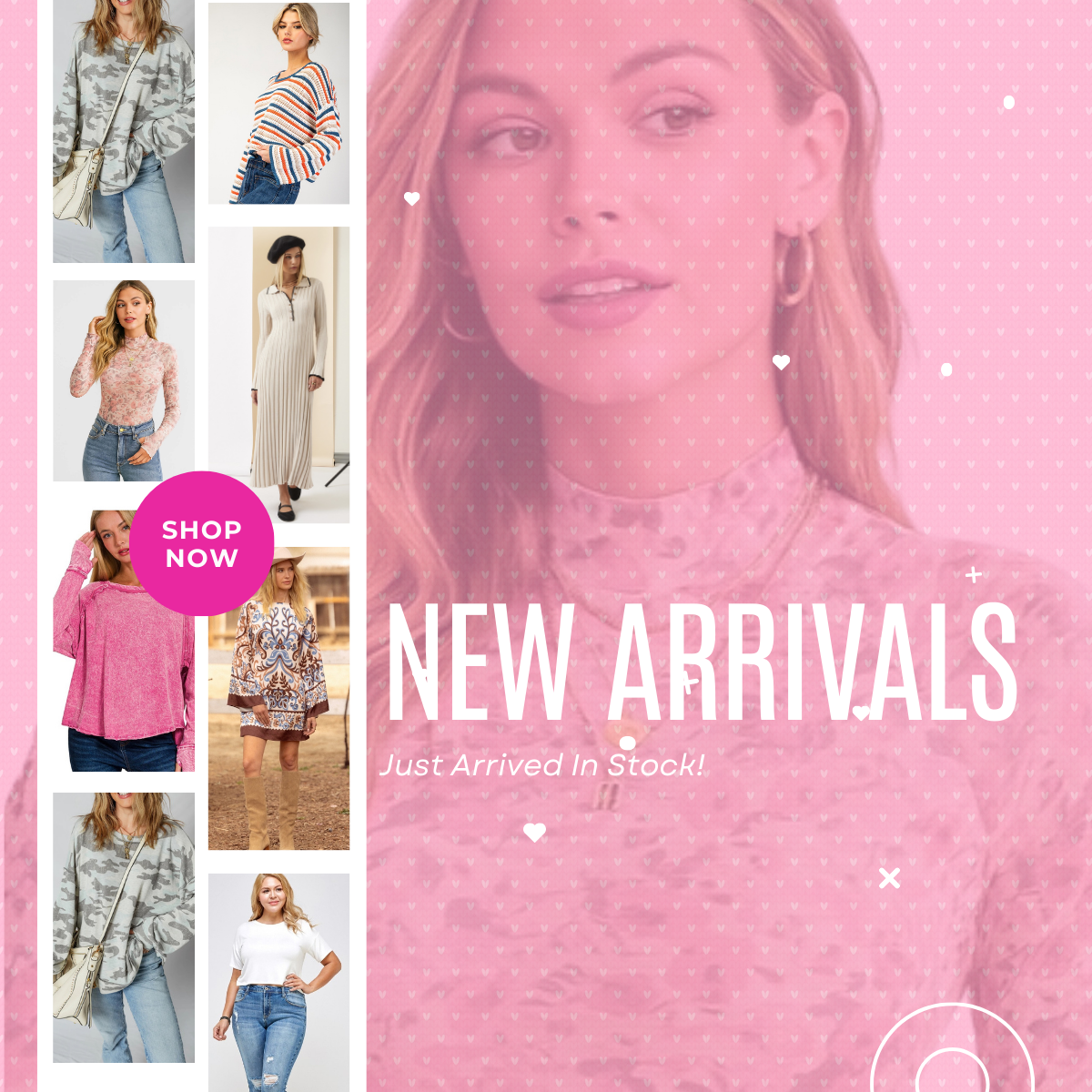Promotional graphic with 'New Arrivals' text and images of women wearing pink clothing on a pink background.