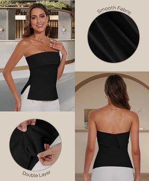 Black strapless top with smooth fabric and double layer feature, worn by a model.