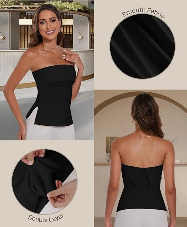 Black strapless top with smooth fabric and double layer feature, worn by a model.