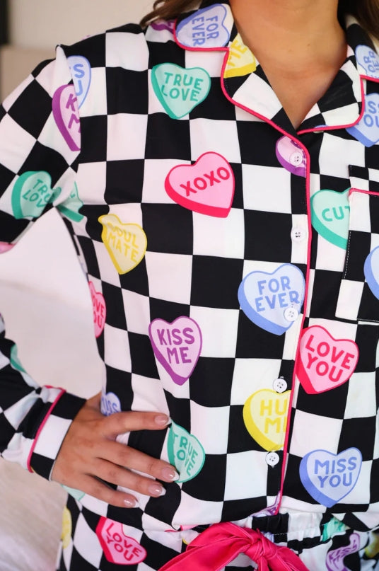 Checkered pajama top with colorful love-themed buttons