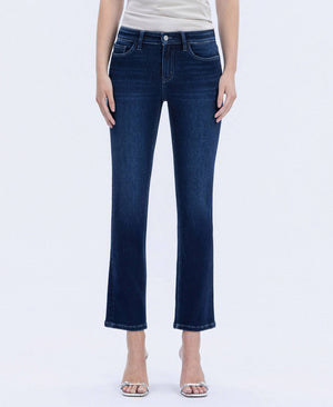 Front view of dark wash straight-leg jeans showing a mid-rise fit, classic back pockets, and a clean, streamlined silhouette.
